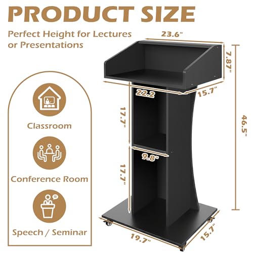 Verssure Podium Stand with Lockable Wheels (47 H) Black – Wooden Lectern with 3 Storage Shelves