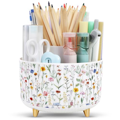 SKYDUE Floral 1Pack Rotating Desk Organizer with 5 Slots - Pen & Office Supplies Storage