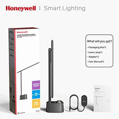 Honeywell Sunturalux¢â LED Desk Lamp with USB Charging Ports HWT-H01 - Stepless Dimmable Eye Caring Desk Light for Home Office Bedroom Bedside College Dorm, Foldable Table Lamp Reading Lamp Black