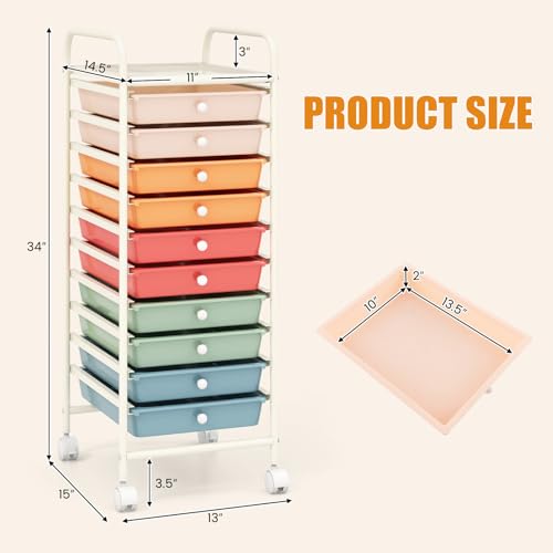 GOFLAME 10-Drawer Mobile Utility Cart with Lockable Wheels, Macaron Color - 13.5 x 10 x 2 inch Drawers (No Wood Top)