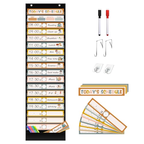 REGELETO Boho 18+1 Pockets Daily Schedule Pocket Chart - Black, Classroom Organizer
