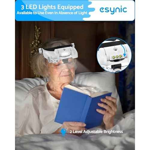 eSynic Comfortable Head Magnifier with Light USB C Rechargeable 1X-14X Magnification 5 Acrylic Lenses Double Lens Design Adjustable Headband for Reading Crafts Jewelry Repair Close Work