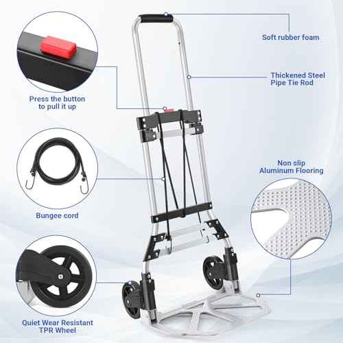 Folding Hand Truck and Dolly, 200 LB Capacity Upgraded Aluminum Dolly Cart, Portable Folding Hand Cart for Travel, Moving, Shopping, Office Use, Black