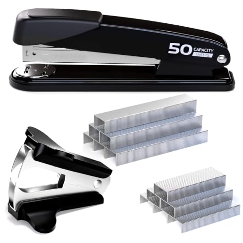 Jyumini Heavy Duty Metal Stapler Black, 50-Sheet Capacity with 2000 Staples & Remover