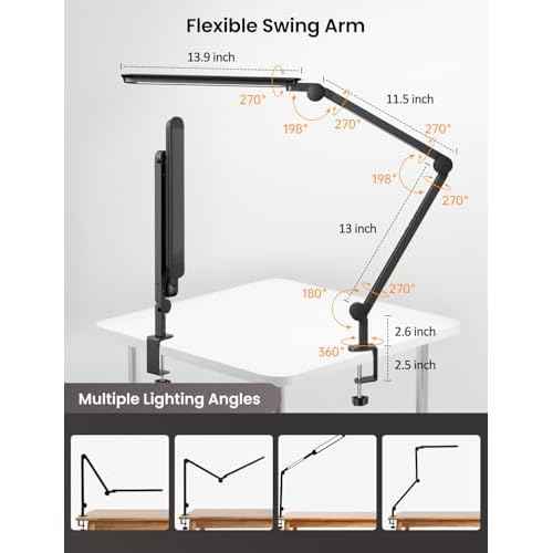 LED Desk Lamp with Clamp, Clip-on Architect Desk Lamp with Dual Light Source for Home Office, Adjustable Swing Arm Table Light, with Remote, 4 Color Mode & Brightness, For Crafting Sewing Reading