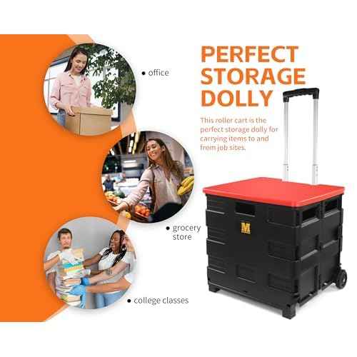 MaxWorks 50919 Portable Rolling Folding Dolly ? Black Collapsible Utility Cart with Durable Wheels, Extra Storage & Easy-Fold Design for Shopping, Teaching, and Office Use