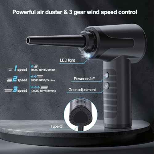 Electric Compressed Air Duster Air Can Duster for Computer Rechargable Air Blower for Car PC 100000RPM Mini Blower Cordless with Led Light Handheld Blower Keyboard Cleaner, Ink Black