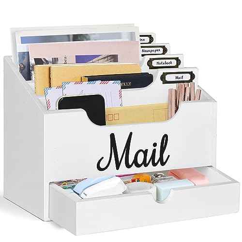 Mail Holder with 4 Compartments and Drawer, Wood Mail Holder Sorter Holder,Countertop Desk Office Accessories for File Letter Paper Folder, Drawer Storage