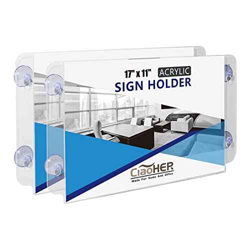CiaoHER Acrylic Window Sign Holder 17 x 11, Clear Acrylic Frames Glass Window Mount Advertising Signage Sign Holder with 4 Suction Cups for Mall, Office, Home, Restaurant, Landscape £¨2 Pack£©