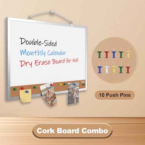 Monthly Calendar Dry Erase Board 16x12 Inch, Double-Sided Whiteboard and Corkboard Combo, Wall Mounted Planner Organizer with Markers, Magnets, Push Pins, Eraser, for Home Office School