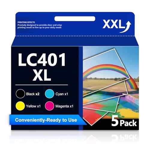LC401XL High Yield Ink Cartridges 5-Piece Set Replacement for Brother LC401 Ink, Compatible with MFC-J1010DW MFC-J1012DW MFC-J1170DW Printer (2 Black, Cyan, Magenta, Yellow)