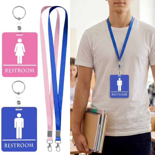 2-Pack Classroom Bathroom Passes with Keychain & Lanyard - Pink & Blue