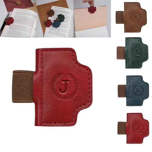 Personalized Magnetic Bygone Mark Bookmark with Pen Holder, 26 Letters Name Initial Custom Leather Book Mark for Women, Gifts for Book Lovers and Readers (Red,J)
