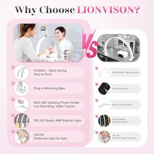 LIONVISON Half Moon Light for Nail Desk: 31-inch Manicure Table Light with Phone Holder for Beginner DIY - 48W Professional Half Moon Lamp for Nail Tech,Eyelash,Makeup,Tattoo