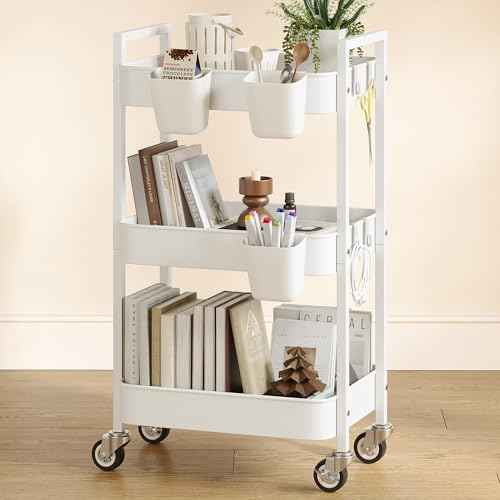 3 Tier Rolling Cart,Utility Cart with Locking Wheels, Hanging Cups,&Hooks, Heavy Duty Metal Storage Organizer Cart for Kitchen,Office, Bathroom,Craft Room,White