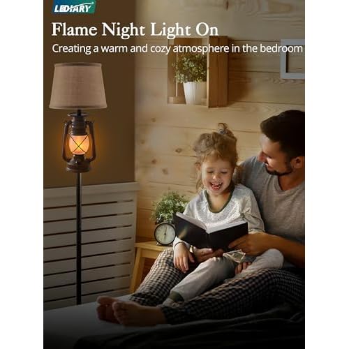 LEDIARY LED Flashing Flame Night Lantern Farmhouse Floor Lamp for Living Room, Rustic Standing Lamp with Beige Linen Drum Lampshade, Lantern Floor Lamps for Bedroom Home Decor