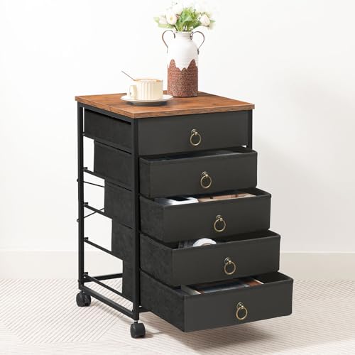 HOOBRO 5-Drawer Chest, File Cabinet, Office Cabinet with Drawers, Rolling Printer Stand, Filing Cabinet for Living Room, Home Office, Nonwovens Drawer, Easy Assembly, Black BFK50WJ01