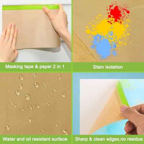 6 Rolls Pre-Taped Masking Paper for Painting and 3 Rolls Masking Tape Set -18 inch x 50 feet Tape and Drape for Painting, Painters Paper for Automotive Paint Masking, Floor Protection,Wall Covering