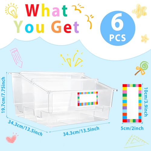 Gisgfim Clear 6 Pack Classroom Book Bins with Dividers & Labels - Large Plastic Organizer for Library & Storage
