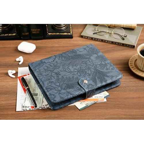 Patterned Leather Portfolio Binder 6 Ring, A5 Planner Portfolio for Women, Work Organizer Padfolio for Men, Blue