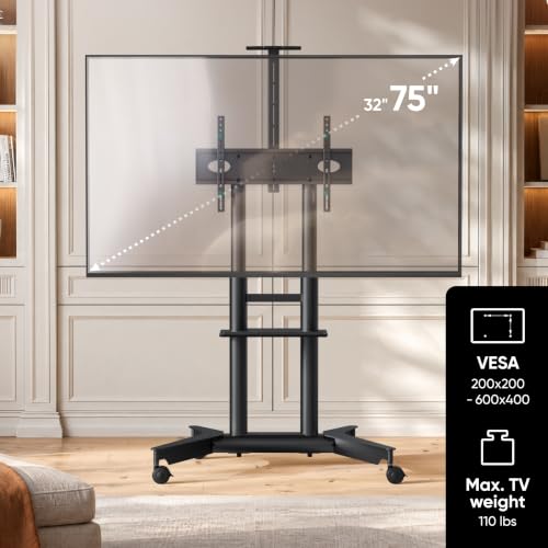 ONKRON TS1571-B Mobile TV Stand on Wheels 32-75in, 110 lbs, Black