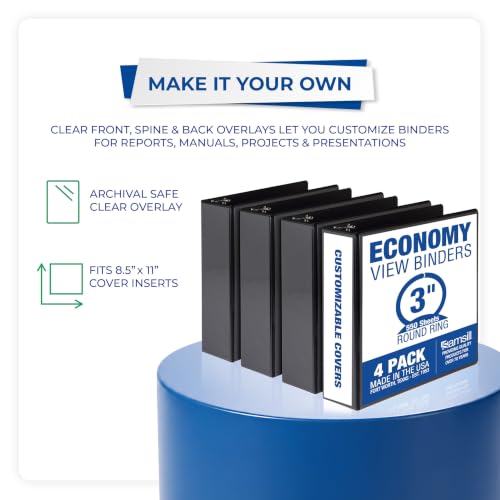 Samsill 3-Inch Black 3-Ring Binders, 550 Sheet Capacity, Clear View Cover, 4 Pack