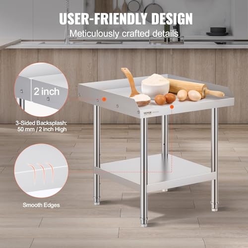 VEVOR Stainless Steel Work Table 24x24x26 Inch Commercial Food Prep Station with Backsplash