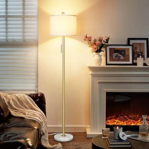 ¡¼Upgraded¡½ Dimmable Gold Floor Lamps for Living Room, 63in Modern Standing Lamp with Marble Base, Tall Pole Light with White Linen Shade for Bedroom Reading Office Corner Nursery