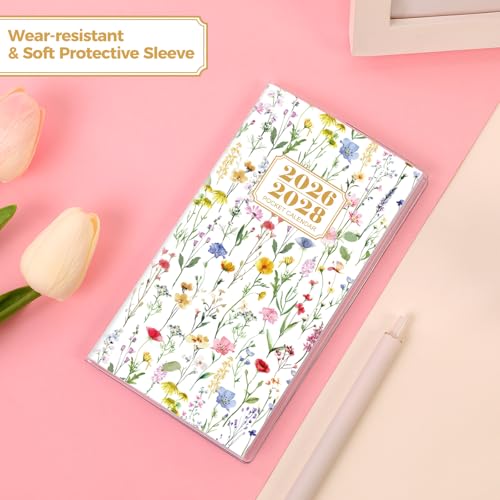 SKYDUE Floral White Pocket Calendar 2026-2028 | 3.8x6.5in Compact Monthly Planner for Purse