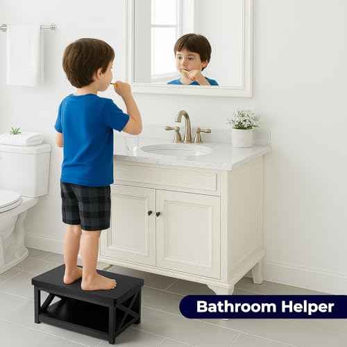 Wooden Step Stool for Adults & Kids with Patented Bottom Shelf ? Anti-Slip Rubber Feet, Heavy-Duty Steel Frame, 500 lbs Capacity ? Small Step Stool for Bed, Bathroom & Kitchen ? Black