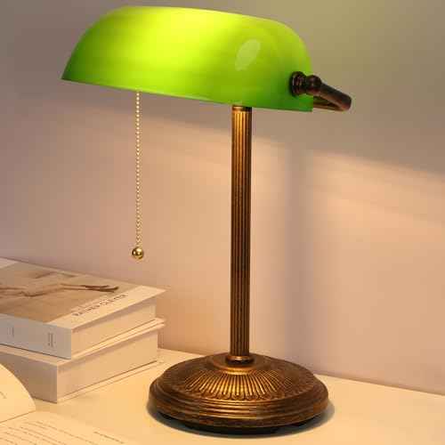 NISSAFORS Bankers Desk Lamp, Green Glass Shade, Vintage Desk Lamp with Pull Chain Switch, Retro Table Lamps for Home Office(Retro Gold+Green, Small)