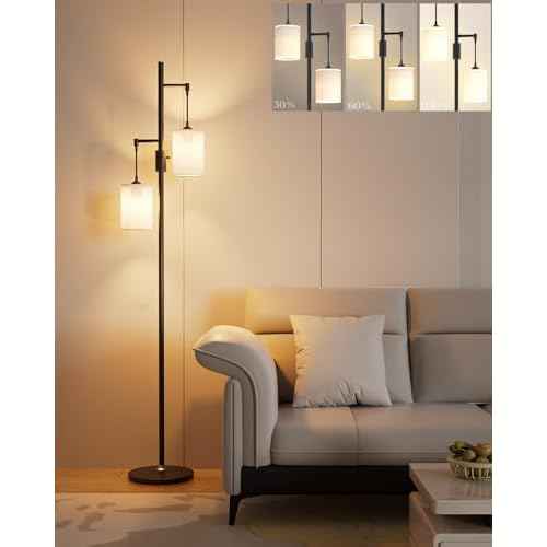 Lightdot 65IN Dimmable Floor Lamp for Living Room, Industrial 2-Light Tree Floor Lamps with LED E26 Bulbs Included, 3000K Mid Century Floor Lamp with Fabric Lampshades for Bedroom HOM Office-Black