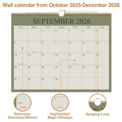 2026 Calendar, Wall Calendar 2025-2026 from November 2025 - December 2026, 15 Months Calendar with Premium Paper, Twin-Wire Binding & Hanging Hook, 8.5" x 11", Green