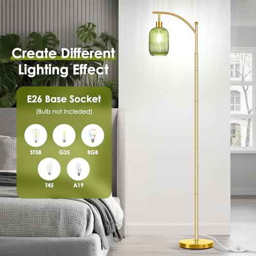 Glass Floor Lamp for Living Room, Modern Green Standing Lamp with Ribbed Glass Lampshade Pedal Switch, 67¡± Tall Lamp for Bedroom Study Room