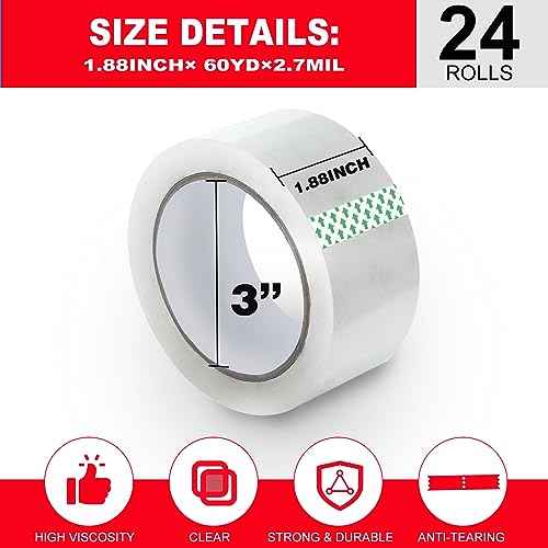 Clear Packing Tape 24 Rolls,2.7mil Heavy Duty Packaging Tape Refills for Shipping Packaging Moving Sealing, 1.88 Inch x 60 yd Per Roll,Total 1440 Yards