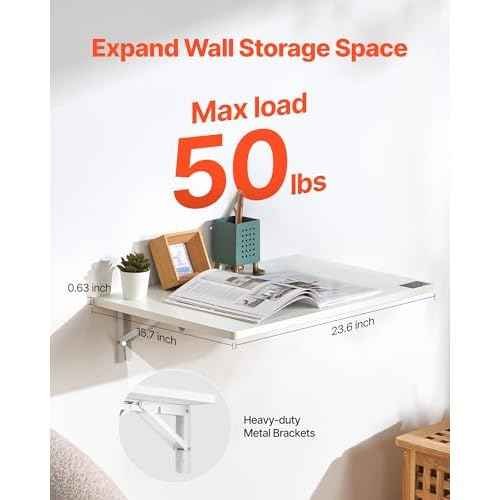 VEVOR Wall Mounted Folding Table, 23.6 x 15.7 inches Wall Mount Table, Floating Desk with Iron Bracket for Small Spaces, Home Office, Dining, Laundry Room, Kitchen, Bar, White