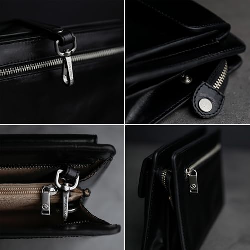 Time Resistance Leather Clutch for Men – Black Organizer Wrist Bag, Handmade in Italy