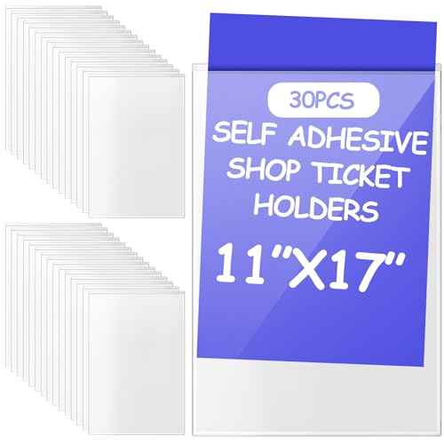 Outus Self Adhesive Shop Ticket Holders Clear Plastic Sleeves Adhesive Pockets Work Order Job Ticket Holders for Home Office Posting Signs (11 x 17 Inch,30 Pcs)