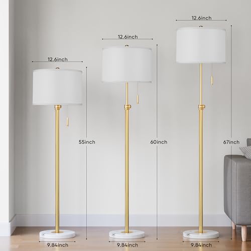 PARTPHONER Floor Lamp for Living Room, 66'' Adjustable Height Standing Lamp with Marble Base, 3-Color Tall Lamps with Pull Chain, Suitable for Bedroom, Reading, Office (Bulb Included, White Shade)