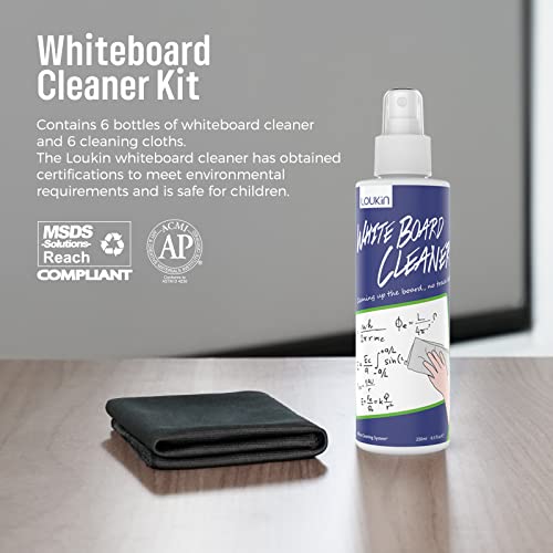 loukin Non-Toxic Whiteboard Cleaner, 8.5 fl oz Dry Erase Board Cleaner, Low-Odor Whiteboard Cleaning Spray with Cloths, Removes Stubborn Marks from Whiteboards, Chalkboard (6-Pack)