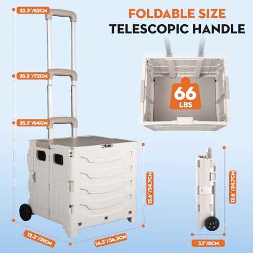 Collapsible Rolling Carts with 2 Wheels, Shopping Cart for Grocery, Office, and Classroom Use, Foldable Design with Durable Wheels, Supports up to 66 lbs, Grey