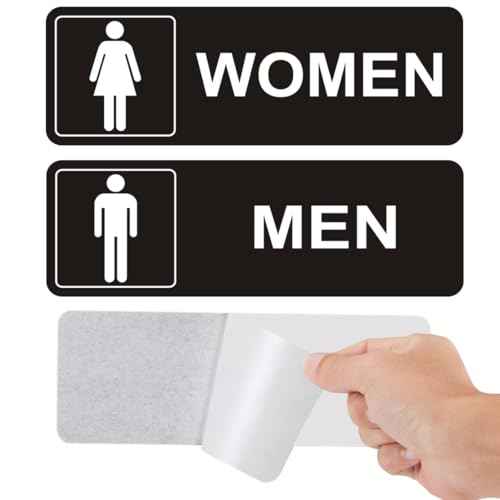 Restroom Sign - (2 Pack ) Metal Restroom Signs for Business with Strong Self-Adhesive, Bathroom Signs for Home Door or Wall, Ideal Unisex Restroom Signs for Women and Men, Easy to Install (Black Women and Men 9" x 3")