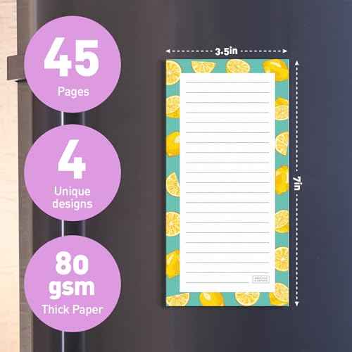 S&O Magnetic sheets for Refrigerator 4 Pack - Fun Fruity planner notes for Fridge Sets - Magnetic registry journals for cooler, sticky Notepads for freezer - 3.5¡± x 7¡±, 45 Pages