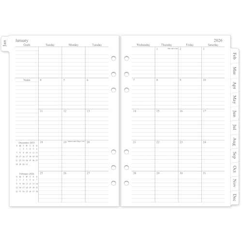 2026 Monthly Planner Refill, A5 Medium Planner Inserts for 6 Holes, 5.5"x8.5", Jan. 2026 - Dec. 2026, 12 Monthly Calendars with Laminated Tabs, 6-Hole Punched