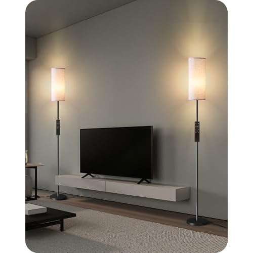 2 Pack Dimmable Floor Lamps for Living Room with 2 Remotes and Foot Switch, Corner Floor Lamp, Standing Tall Lamp, 10W 900LM LED Bulb Included, 3000K-6500K, Linen Shade, FCC Listed W06LDP205W1