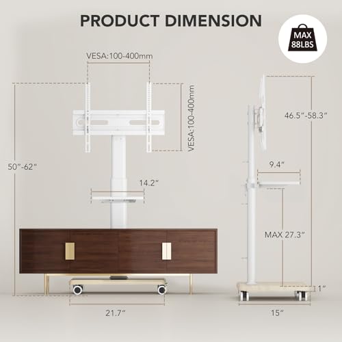 AX WABER Universal Floor TV Stand with Wheels – 27-65in TV Mount, 88 lbs, VESA up to 400x400, Grain Finish with Shelf