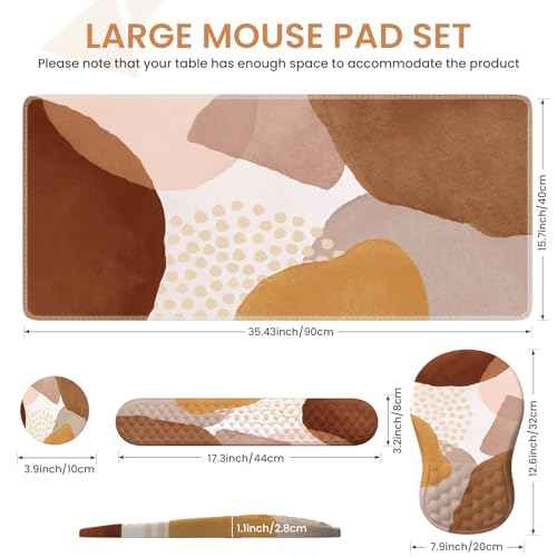 Large Mouse Pad with Wrist Rest and Keyboard Pad, Desk Pad Mat Set, 4PCS Carpal Tunnel Boho Mousepad with Wrist Support Combo, XXL Computer Office Desk Matt for Desktop Laptop, Brown Coffee
