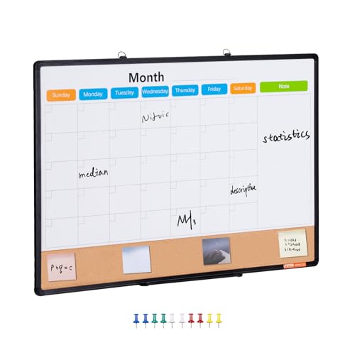 VEVOR 36"x 24" Monthly Calendar Whiteboard & Cork Board Combo with Aluminum Frame ? 2-in-1 Magnetic Dry Erase Bulletin Board for Wall Mount ? Ideal for School, Home, Office