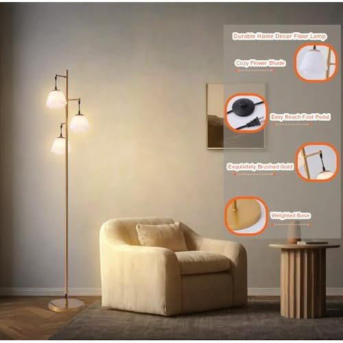 Fiqevs Flower Floor Lamp for Living Room, Mid Century Gold Floor Lamp with 3 Floral Shades and Bulbs Included, Elegant Standing Tree Lamp for Kids Room, Bedroom Office - Antique Brass