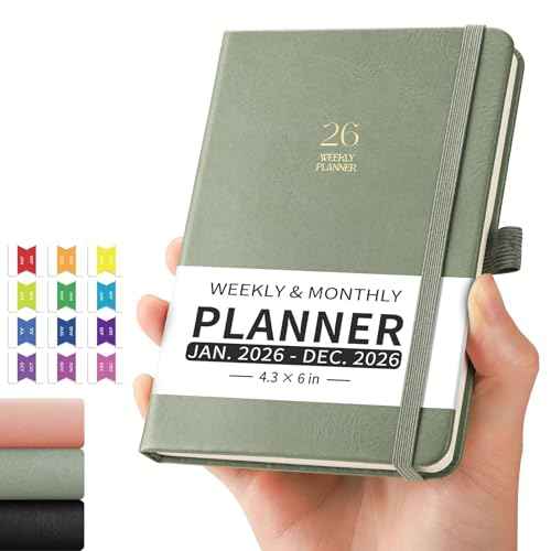 2026 Pocket Calendar for Purse - 4.3" x 6" A6 Small Mini Weekly and Monthly Planner, Jan-Dec 2026, 100GSM Thick Paper, Leather Hardcover, Colorful Tabs, Notes, Pen Loop, Back Pocket, Light Green